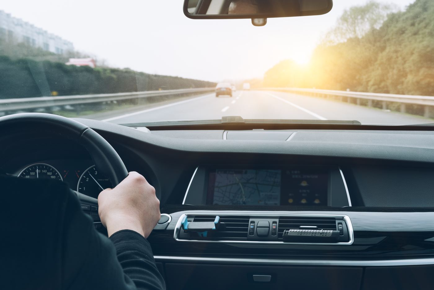 Driver's view from behind the wheel on a motorway